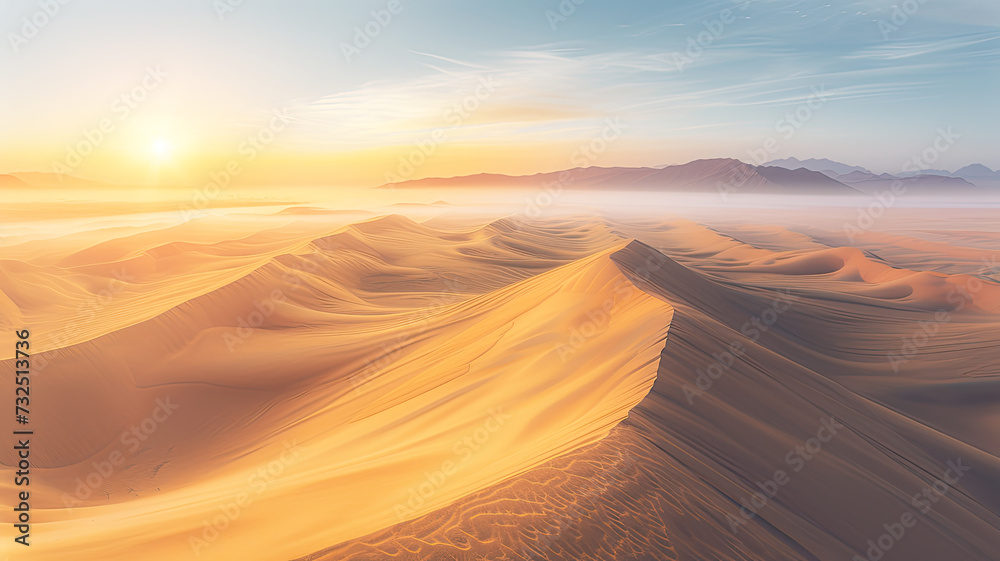 The sun dips below the horizon, casting a warm glow over smooth sand dunes in a vast desert landscape.
