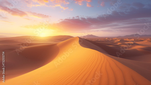 The sun dips below the horizon, casting a warm glow over smooth sand dunes in a vast desert landscape. 