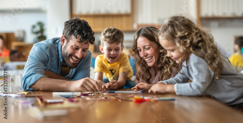 a the joy and spontaneity of a family game night, with parents and children engaged in board games and laughter photography