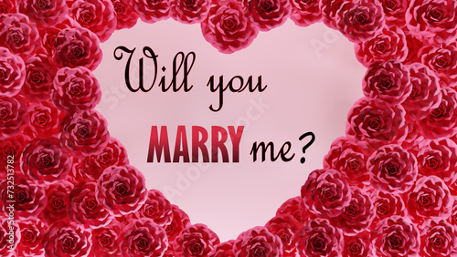 Will you marry me text isolated on heart shaped pink roses frame 4k loop animation.
