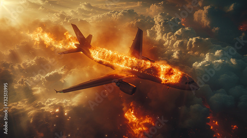 Illustration of a burning plane flying high in the sky, tragedy in the sky, dark sky, people in danger.