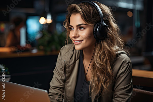 In warm ambiance of evening cafe, young, smiling woman with headphones loses herself in world of music and online exploration, exuding relaxed and content presence