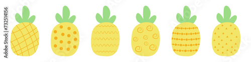 Set of pineapples in flat style with different textures