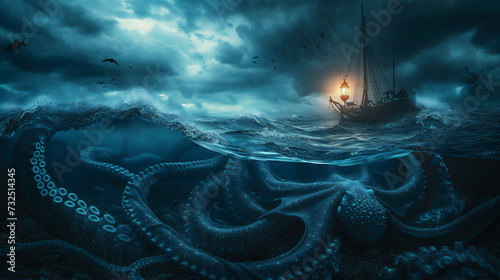  giant octopus under the sea with little fisherman boat above the water © Maizal