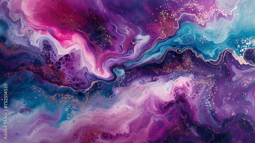 Dynamic ribbons of electric magenta, cosmic teal, and glittering silver come together in a frenzied dance on a pristine marble canvas to produce a bold and appealing creative expression. 

