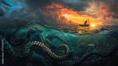  giant octopus under the sea with little fisherman boat above the water