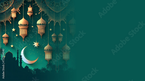 ramadan kareem illustration background. islamic lantern for eid mubarak greeting banner cover card photo