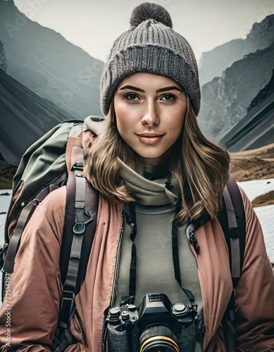 Outdoor photo of a beautiful confident woman in nature, carrying a camera, hiking in the mountains, Close-up shot of female hiker hiking, Hiker wearing backpack, smiling, portrait