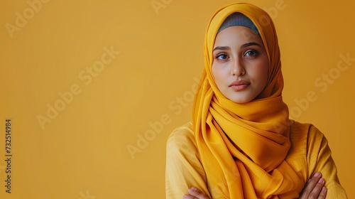 Portrait of a young muslim woman isolated and showing blank area, realistic, HD, copy space - generative ai © Nia™