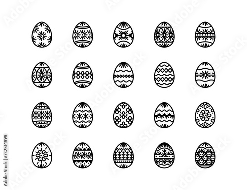 Easter egg design icon set with adjustable vector line weight including various patterns, designs
