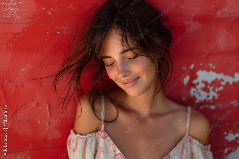 Woman Gazing Down with Joy against Vibrant Red Background Woman Gazing Down with Joy against Vibrant Red Background