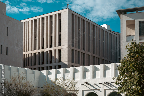 Doha, Qatar - February 3, 2024: Polygonal building, photo taken from inside the Msheireb Museum in Doha