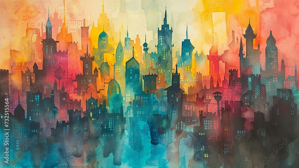 watercolor painting, image of a city created by artificial intelligence