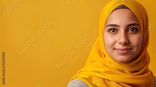 Portrait of a young muslim woman isolated and showing blank area, realistic, HD, copy space - generative ai © Nia™