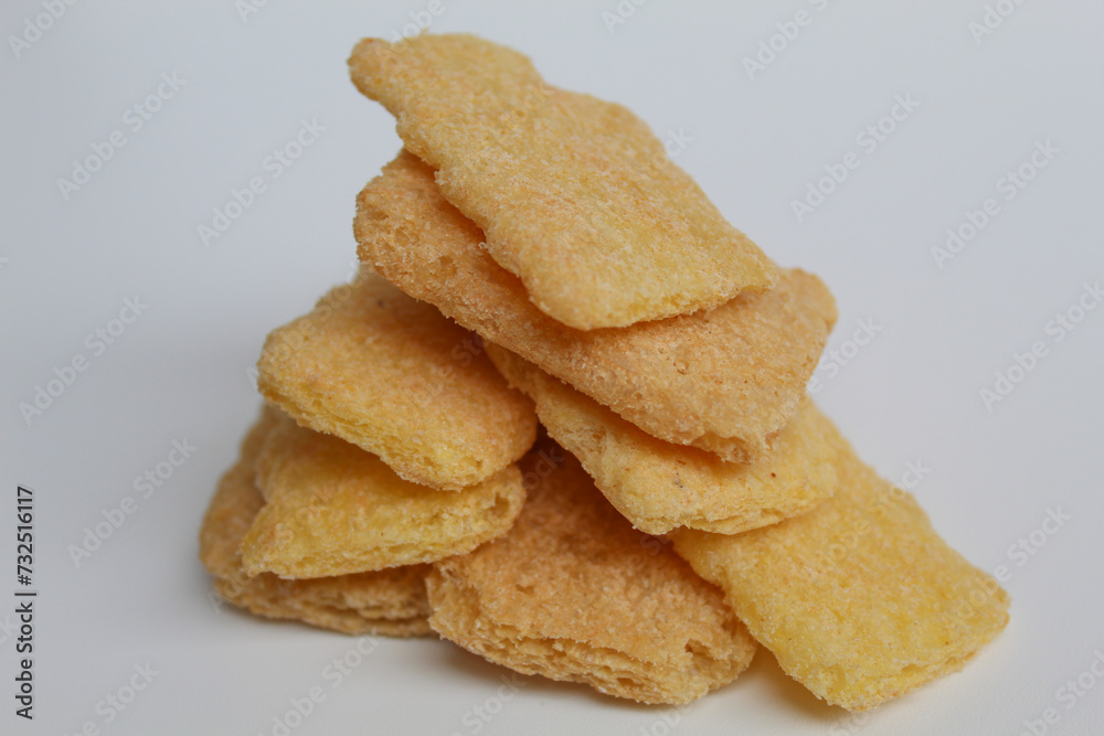 Rice crackers with powder flavoring, isolated on white background Rice crackers with powder flavoring, isolated on white background