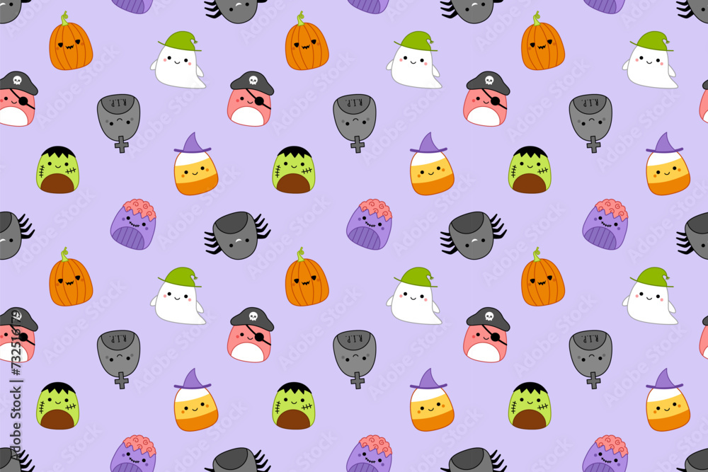 Fototapeta premium Halloween pattern with squishmallow tomb, ghost, pirate, zombie, candy corn, spider. Kawaii, Vector