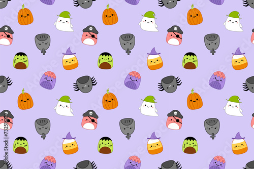 Halloween pattern with squishmallow tomb, ghost, pirate, zombie, candy corn, spider. Kawaii, Vector