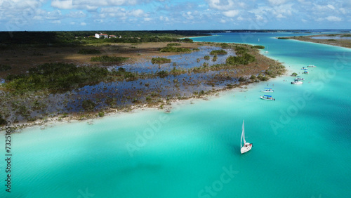 Aerial Drone view of the Pirate Channel of Bacalar Quintana roo,
Cancun, in Riviera Maya, Mexico
Lagoon of seven colors aerial view. photo