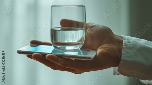Male hand holding a smartphone with a glass of water in the background