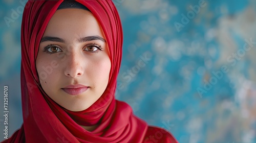 Portrait of a young muslim woman isolated and showing blank area, realistic, HD, copy space - generative ai