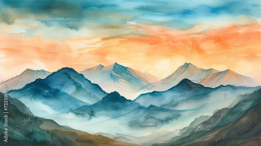 watercolor image with big mountains, image created by artificial intelligence watercolor image with big mountains, image created by artificial intelligence
