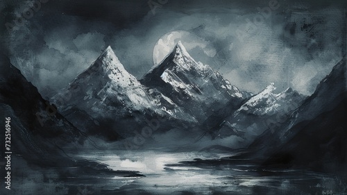 watercolor image with big mountains, image created by artificial intelligence © Sndor