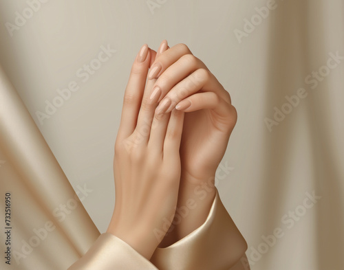 Close-up on female hands with elegant beige manicure holding together on light background with silk. Luxury skincare and manicure. AI generated photo
