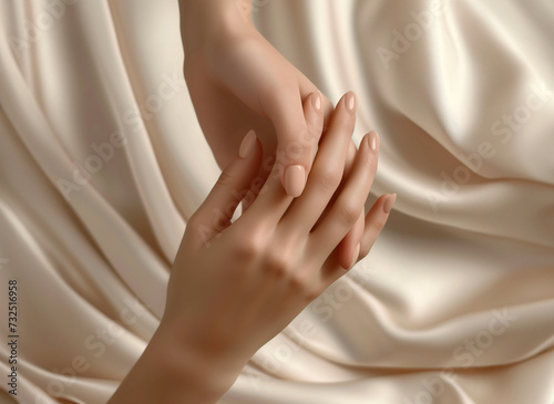 Close-up on female hands with neutral beige manicure holding together on light background with silk. Luxury skin care concept. AI generated photo