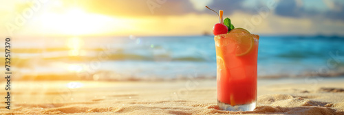 Exotic summer cocktail on the sand against the backdrop of a sunny beach with space for text. AI generative