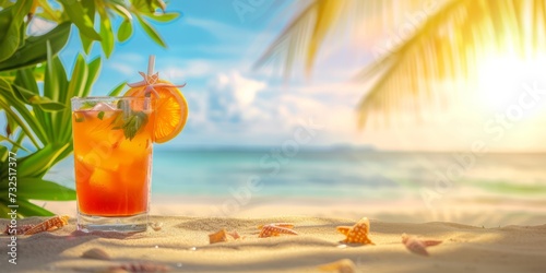 Exotic summer cocktail on the sand against the backdrop of a sunny beach with space for text. AI generative