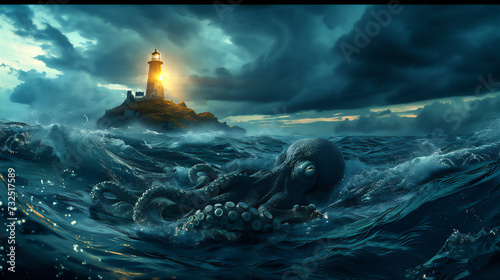 lighthouse in the sea and the giant octopus under water