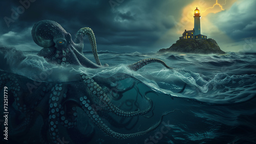 lighthouse in the sea and the giant octopus under water