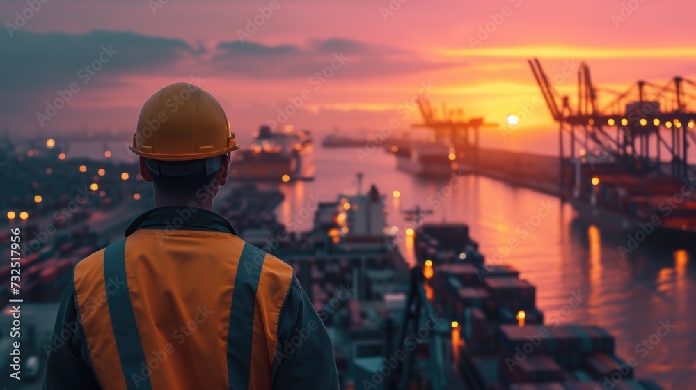 Backview of an engineer in orange safety vest and hard hat at busy port full with ships and containers at sunset or dawn Backview of an engineer in orange safety vest and hard hat at busy port full with ships and containers at sunset or dawn