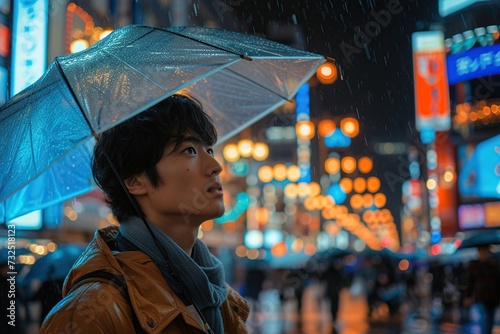 Young Asian man holding an umbrella walks along the city street with night lights and city crowd on a rainy night.