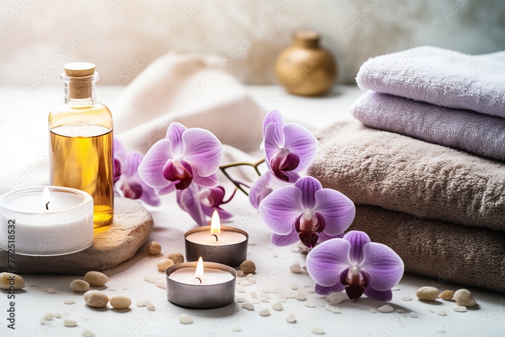 Spa Accessories flat lay composition of spa accessories like towels, bottle of essential oil, candles, orchid flowers. Spa Accessories flat lay composition of spa accessories like towels, bottle of essential oil, candles, orchid flowers.