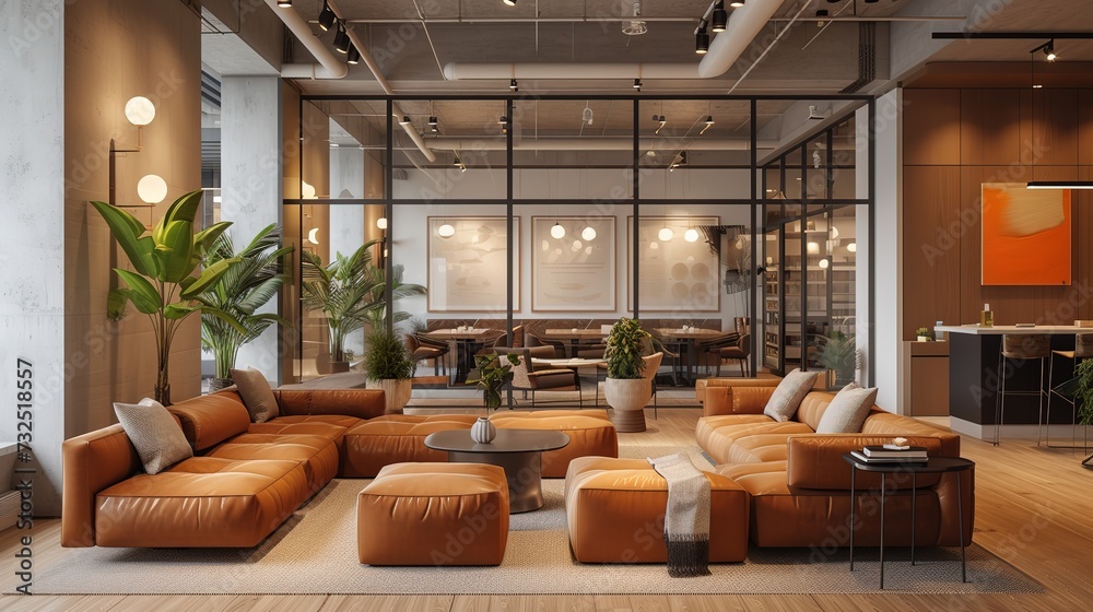 A sophisticated corporate lounge space furnished with elegant leather sofas, ambient lighting, and potted plants, offering a luxurious yet comfortable meeting area. A sophisticated corporate lounge space furnished with elegant leather sofas, ambient lighting, and potted plants, offering a luxurious yet comfortable meeting area.