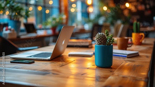 A close-up of a work-friendly café scene, with a laptop, smartphone, and notebook on a wooden table, complemented by warm, ambient lighting.