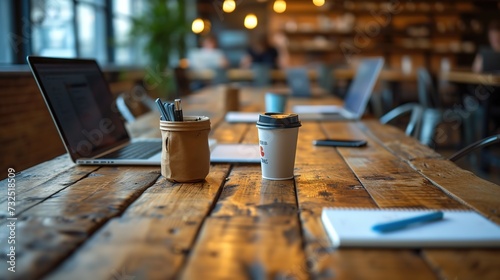 Focused productivity scene in a café with an open laptop, coffee cup, and writing tools on a rustic wooden table, in a cozy ambient setting.