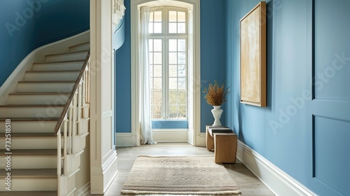Classic blue hallway interior with tall window and wooden elements.