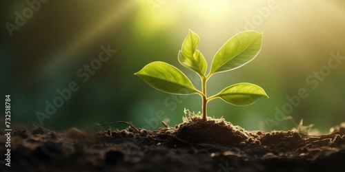 A young plant growing in the garden in sunlight against the background of nature. Arbor Day