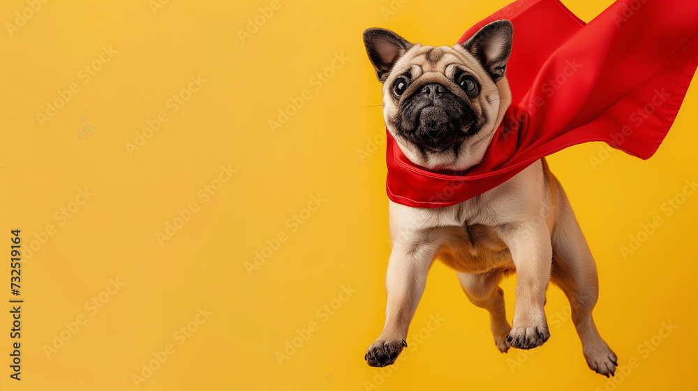 Superhero dog, Cute pug with a red cloak jumping and flying on yellow background with copy space. The concept of a superhero, funny dog pet, leader, funny animal studio shot. Superhero dog, Cute pug with a red cloak jumping and flying on yellow background with copy space. The concept of a superhero, funny dog pet, leader, funny animal studio shot.