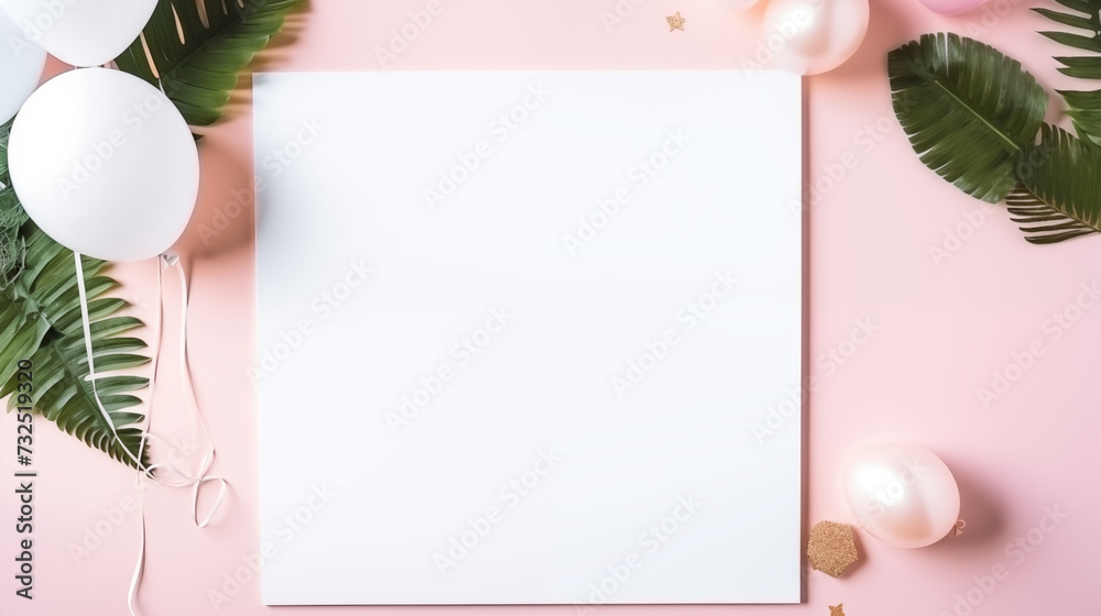 Creative flat lay top view mockup of white blank paper sheet with palm ...