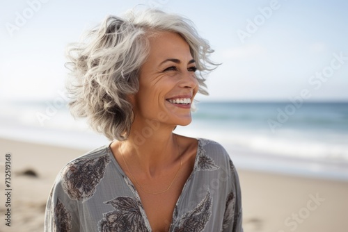 Happy mature woman with grey hair at the beach.