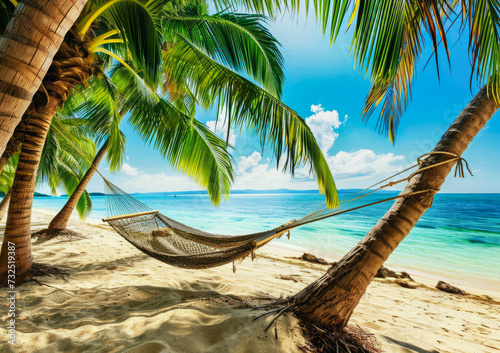 Hammock on beach at beautiful sunset near ocean shore attached to a palm tree. Caribbean vacation © Eliya