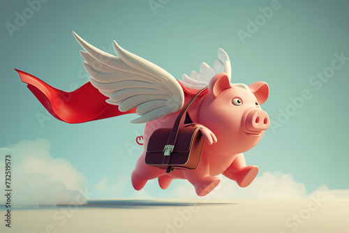 In a whimsical depiction, a piggy bank defies gravity as it takes flight with wings spread wide, clutching a briefcase and draped in a superhero cape photo