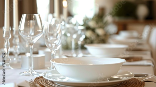 Elegant table setting with white dishes and glassware in a fine dining restaurant.