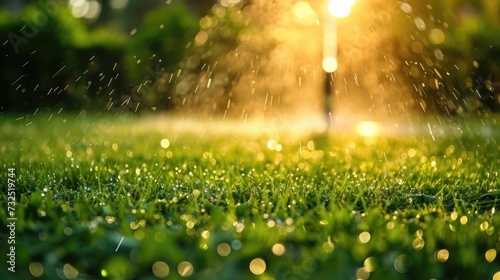 Sunlit fresh green grass with water sprinkles in the morning.