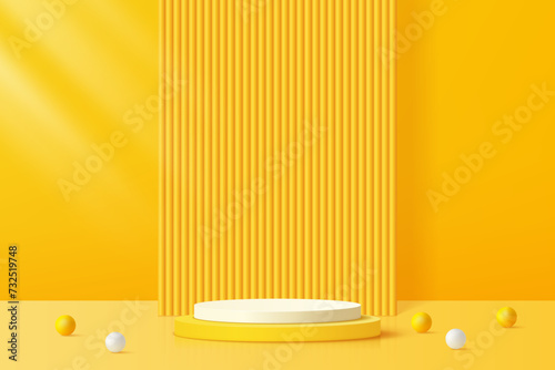 3d yellow podium pedestal with geometric backdrop and ball in pink studio room, 3d background for product display, presentation, advertising, vector illustration.