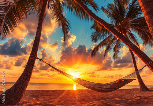 Hammock on beach at beautiful sunset near ocean shore attached to a palm tree. Caribbean vacation © Eliya