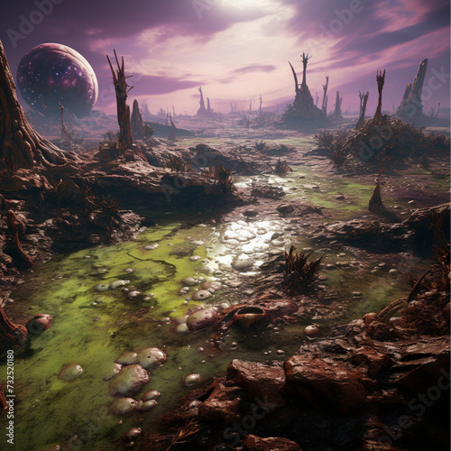 a scene from another dystopian planet, with slime, rust and decay, grim dark, photo realistic, using green and purple colours, and battle worn areas including craters photo